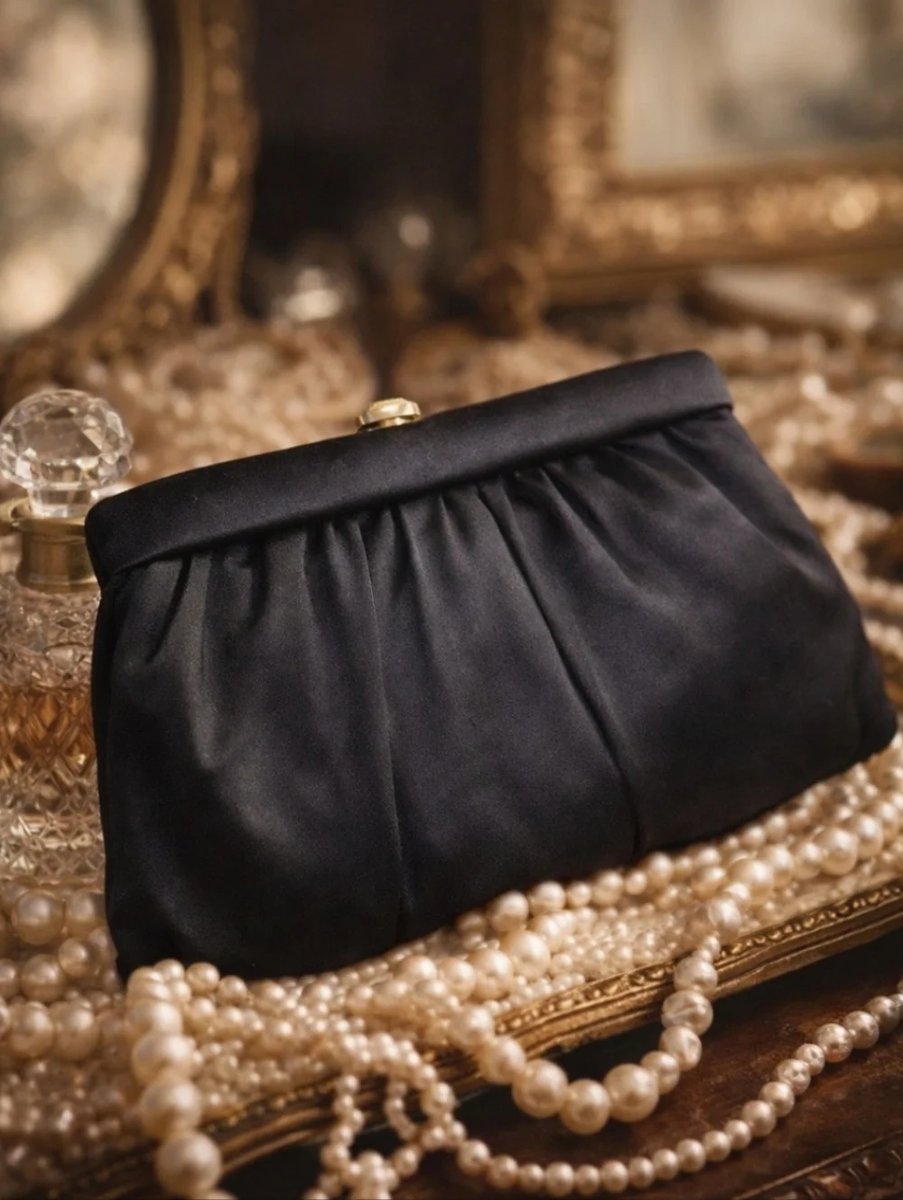 Vintage MM Black Satin Evening Clutch Gold Frame with Matching Coin Purse